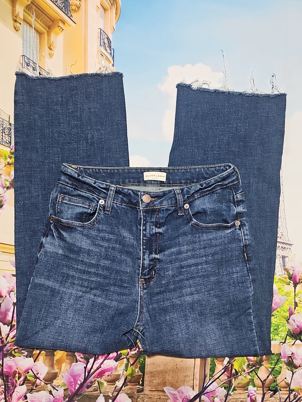 Oliver Logan Dark Blue High Waist Jeans with Frayed Hem Size 28 - Picture 2 of 6